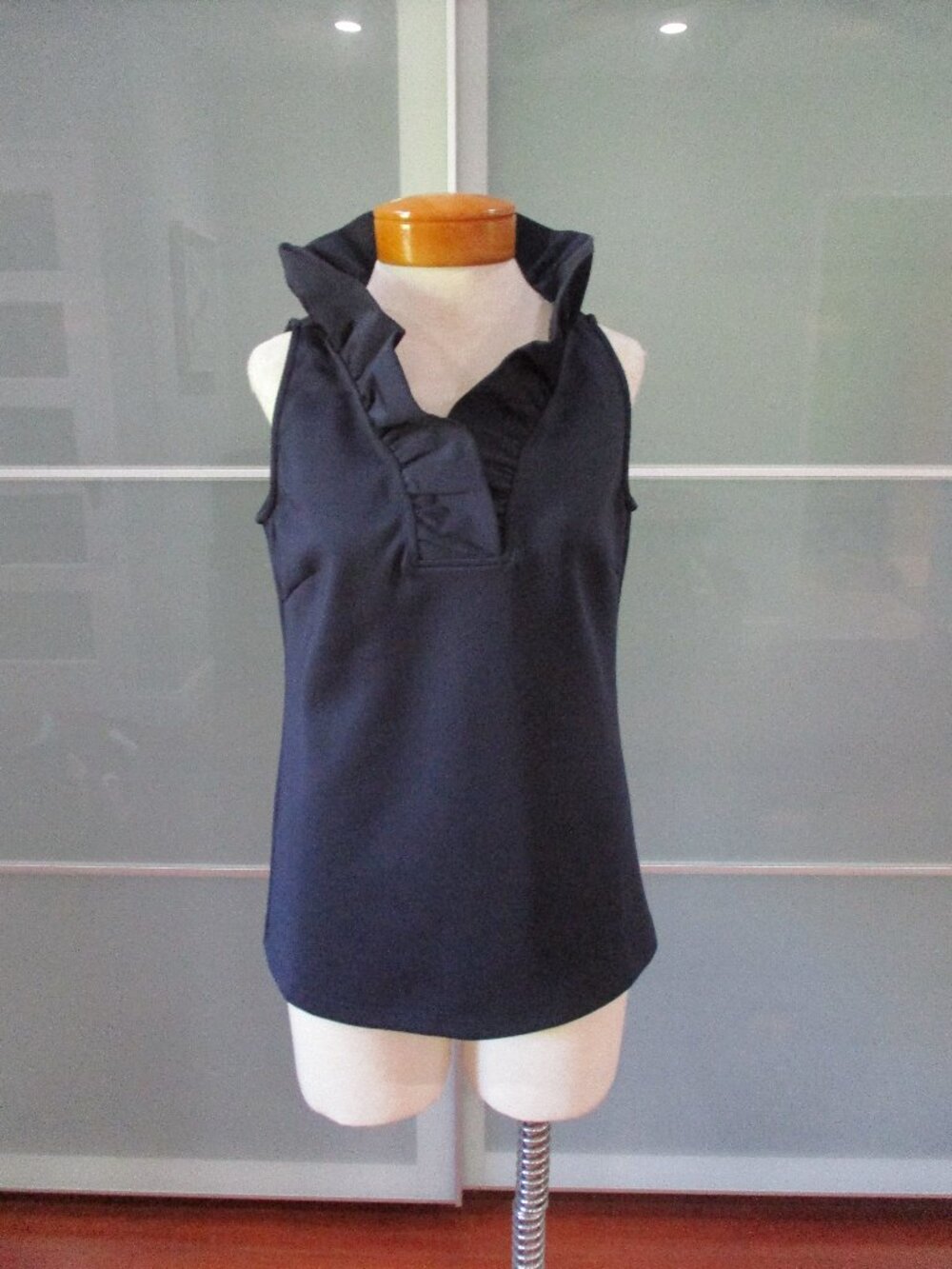 Gretchen Scott Ruffle V-Neck Sleeveless Navy Blouse